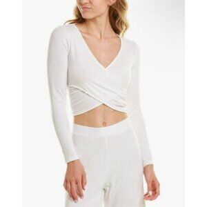 L*Space Gia V-Neck Wrap Front Long Sleeve Crop Top in Ivory Ribbed Plunge